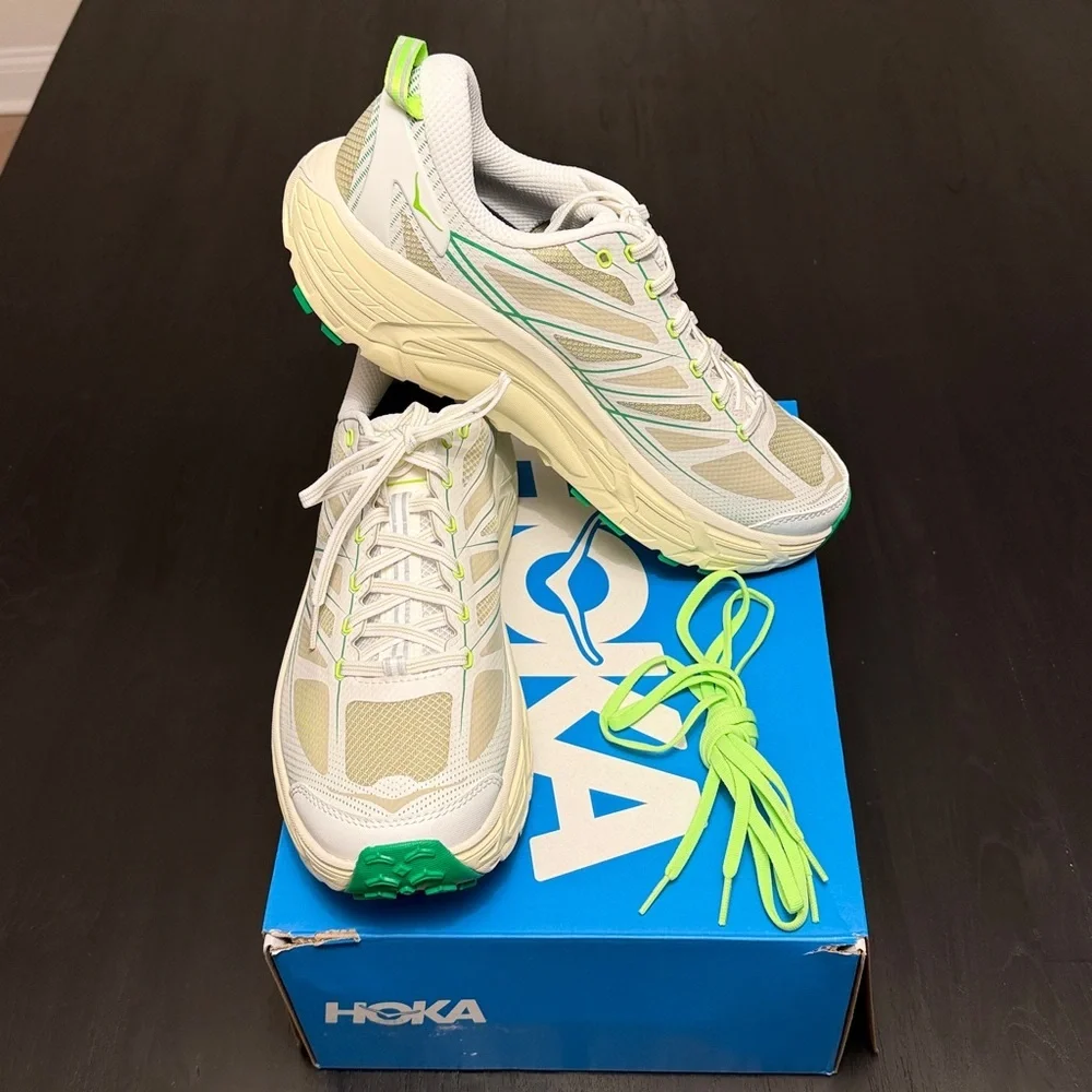 Hoka White and Lime Athletic Shoes. U Mafate Speed 2 -Megagrip